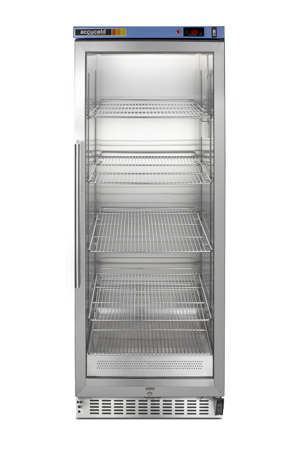 Single chamber passive heating blanket warmer with a self-closing glass door, stainless steel interior, digital thermostat, stainless steel cabinet, and lock